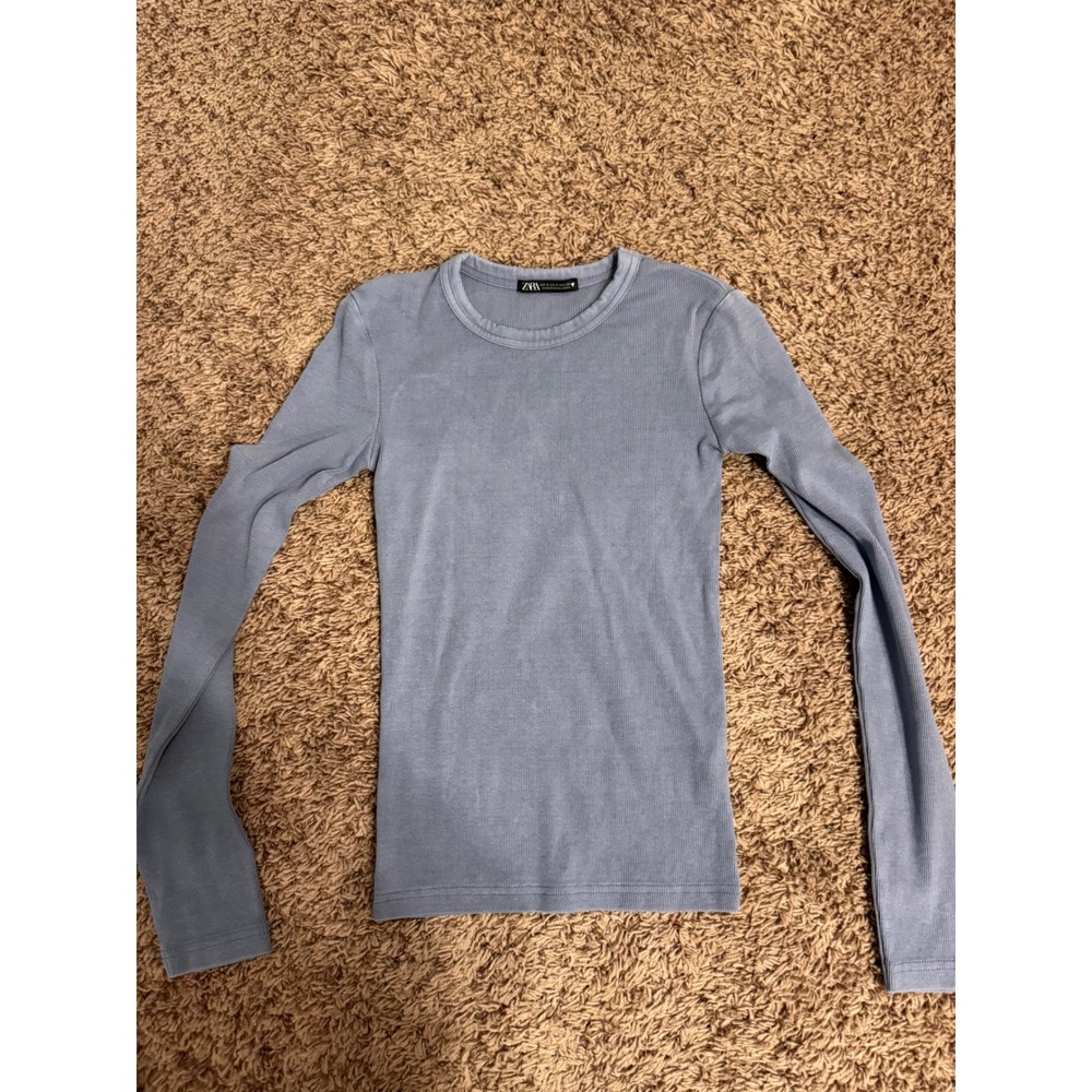 Zara Women's Small Blue Ribbed Long Sleeve Crew Neck Fitted Top